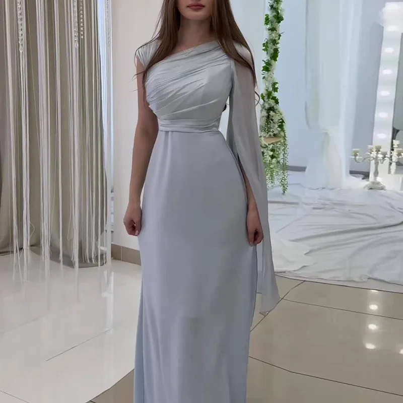 خريف واحد الكتف كم طويل فساتين السهرة الفاخرة تقسم السلس الساتان سليم فستان طويل امرأة الدانتيل متابعة حورية البحر ماكسي فساتين