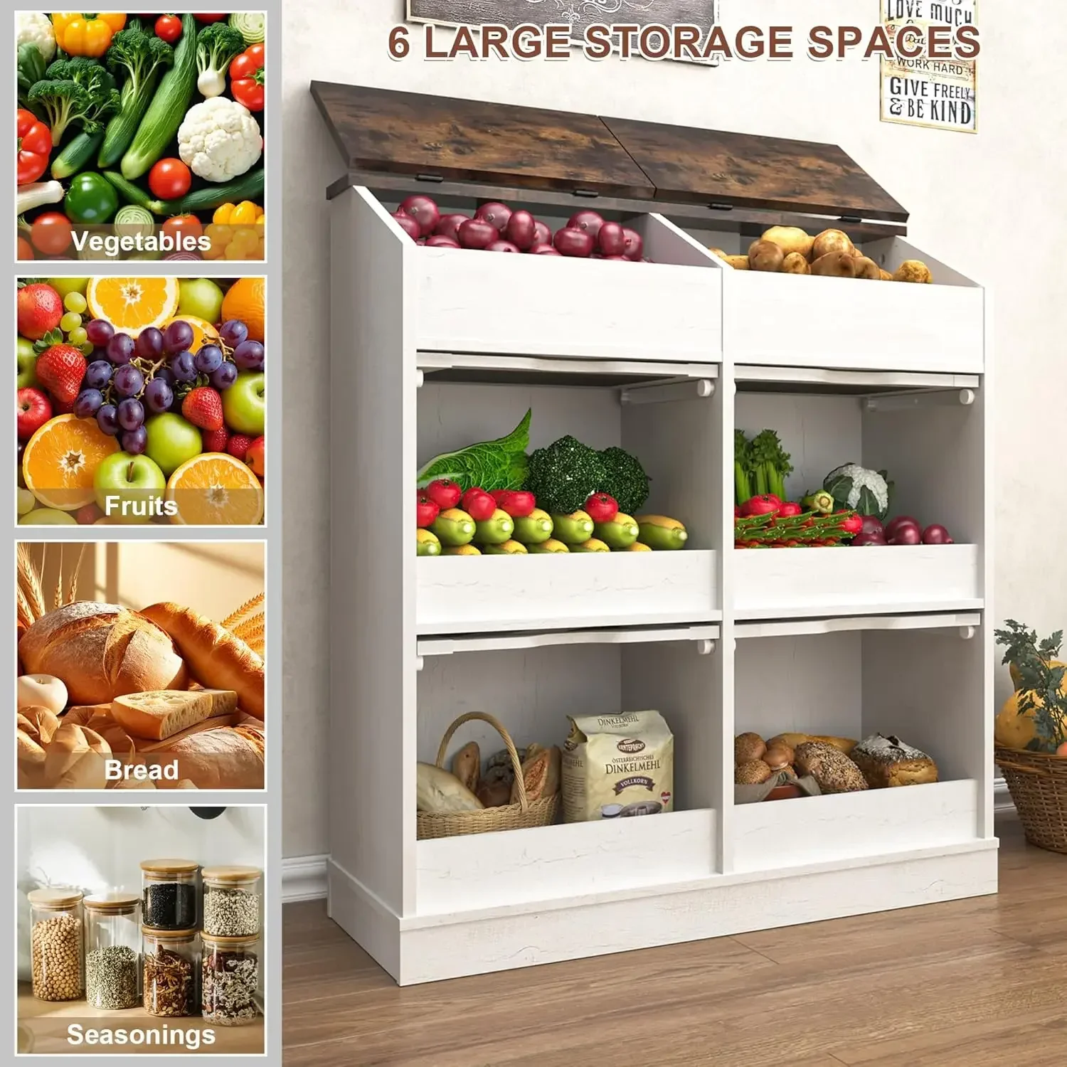 Potato And Onion Storage Bin with Lid,Rustic Bread&Fruit Organizer with Wood Hidden Door,Farmhouse Grocery Section Decorative,Ve