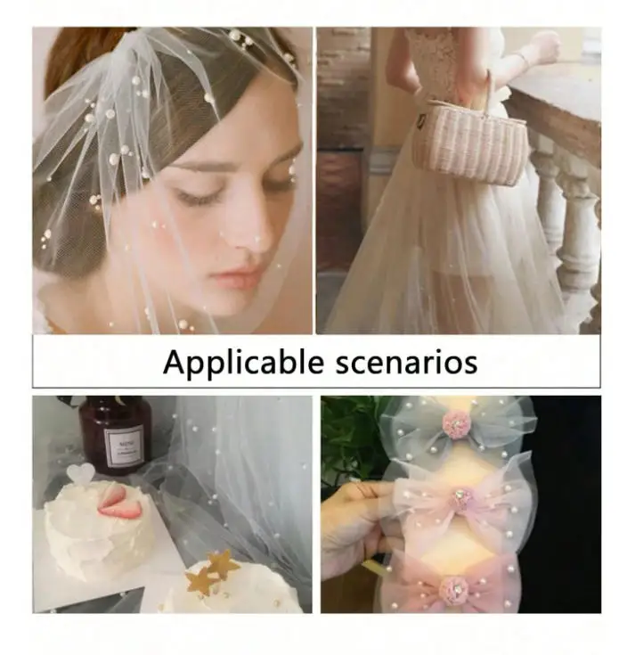 1Pc Pearl White Sheer Tulle Fabric With Embedded Pearls, Translucent Curtain For Wedding Backdrop, Decoration For Wedding Dress