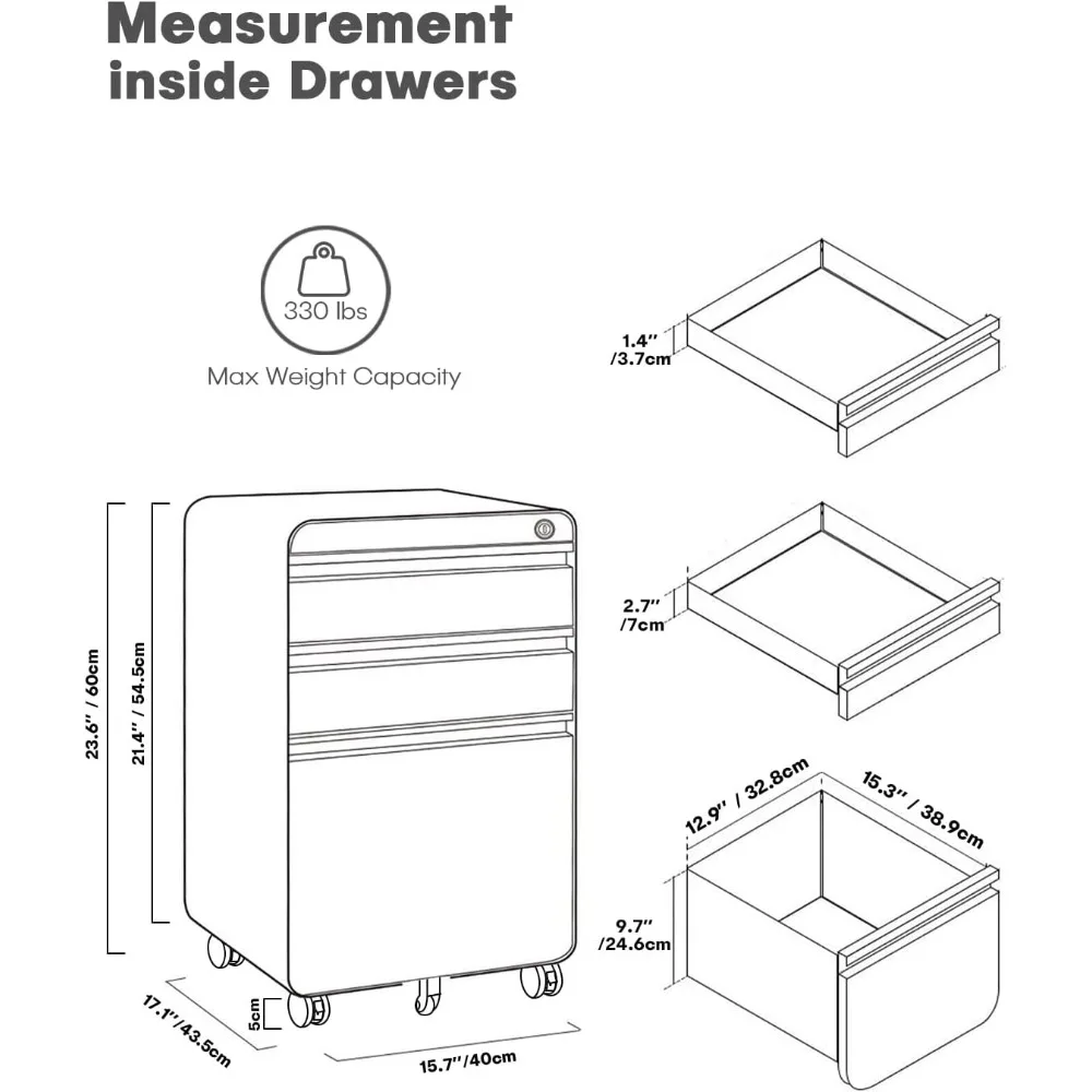 3 Drawer File Cabinet, Metal Filing Cabinets with Lock Wheels & Hanging Rail for A4/Legal/Letter File