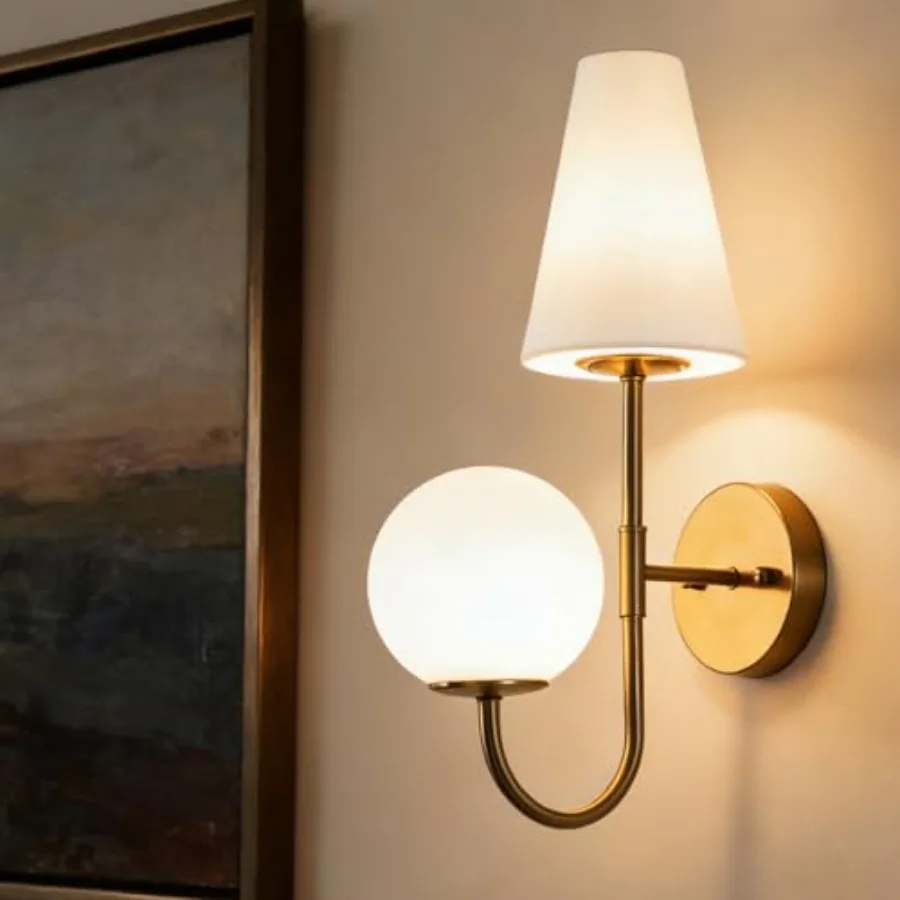

Gold Double-Headed Wall Sconce Elegant Wall Lamp with Milky White Glass Shade Metal Wall Light Fixtures for Bedroom Living Room