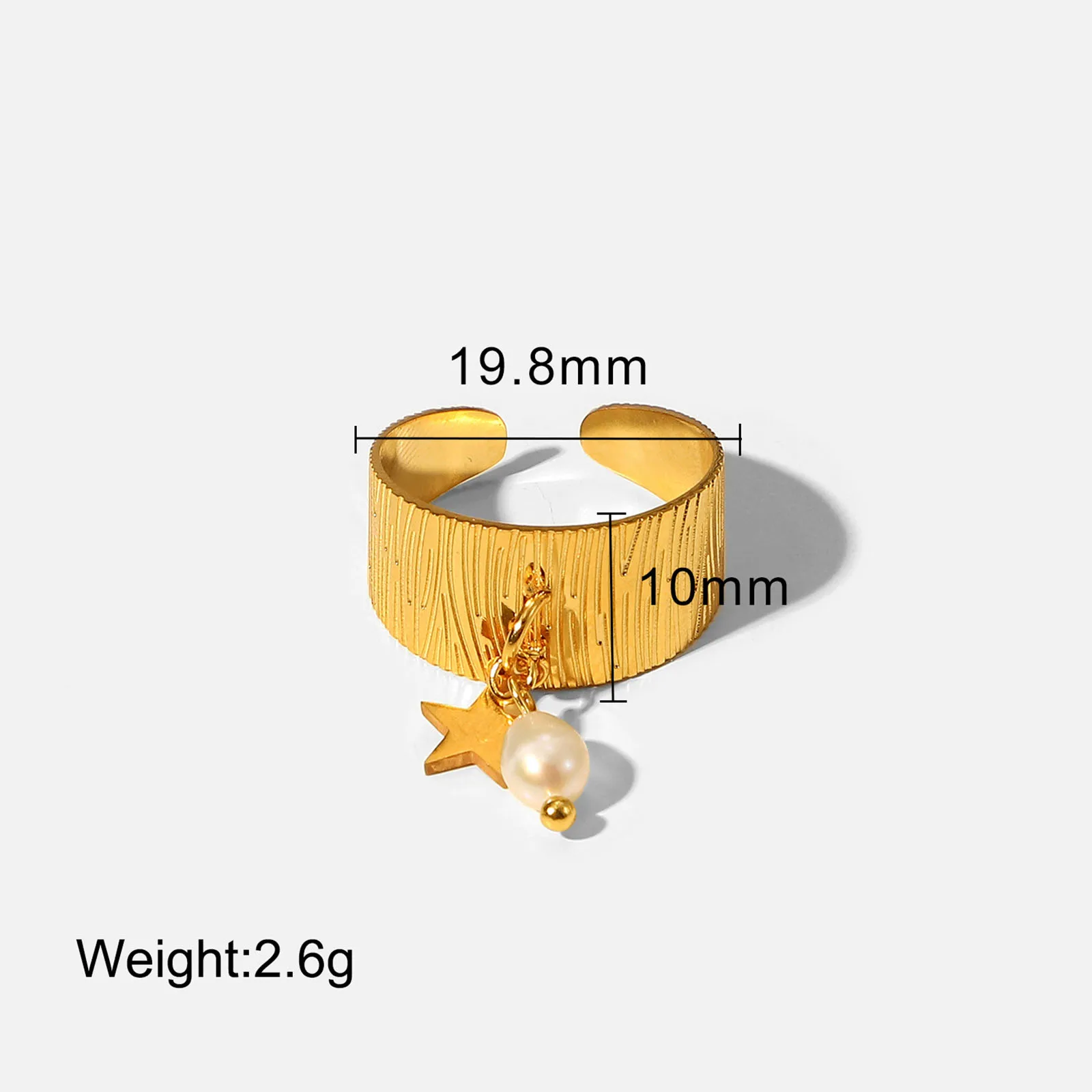 1 Pc Rvs & Natural Pearl Open Verstelbare Ringen Goud Kleur Wit Parel Ster Hart Hanger Brede Ring