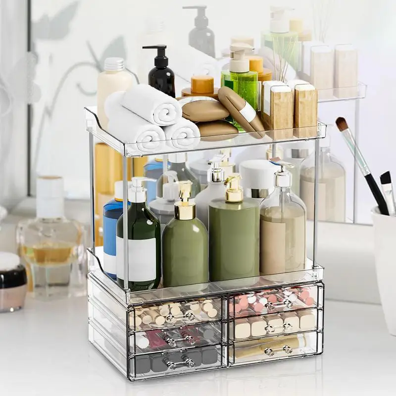 Organizador de maquillaje, bandeja de almacenamiento de 2 niveles con cajones, soporte de belleza multiusos, organizador de artículos de tocador para tocador de baño