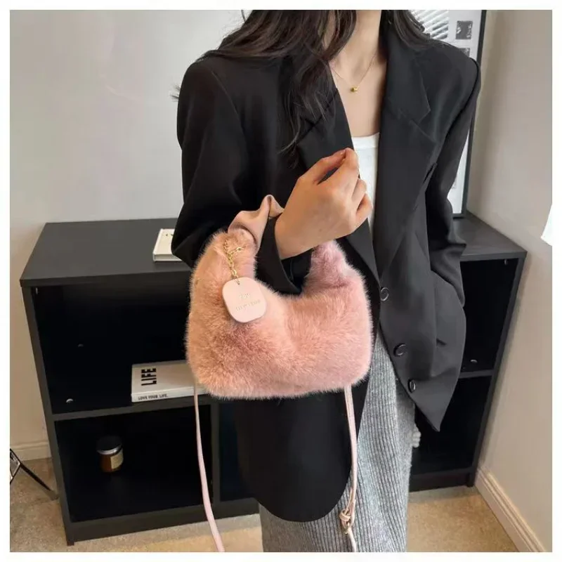 Women Faux Fur Plush Handbags Ruched Handle Small Lady Shoulder Crossbody Bag Casual Tote Half-Moon Hobos Winter