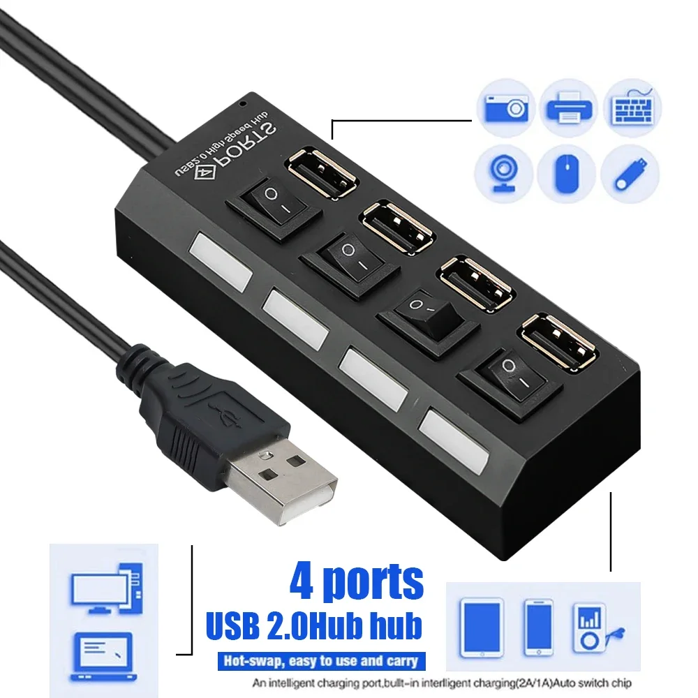 4Ports USB 2.0 Hubs LED Splitter Power Adapter For Computer Laptop Multi-Functional Docking Station with Switch HUB Expander New