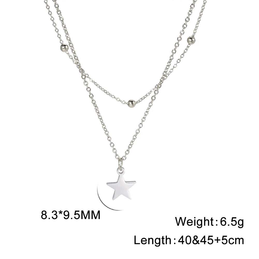 KKjoy Star Pendant Necklace for Women Silver Color Stainless Steel Beads Double Chain Collars Minimalist Jewelry Accessories New