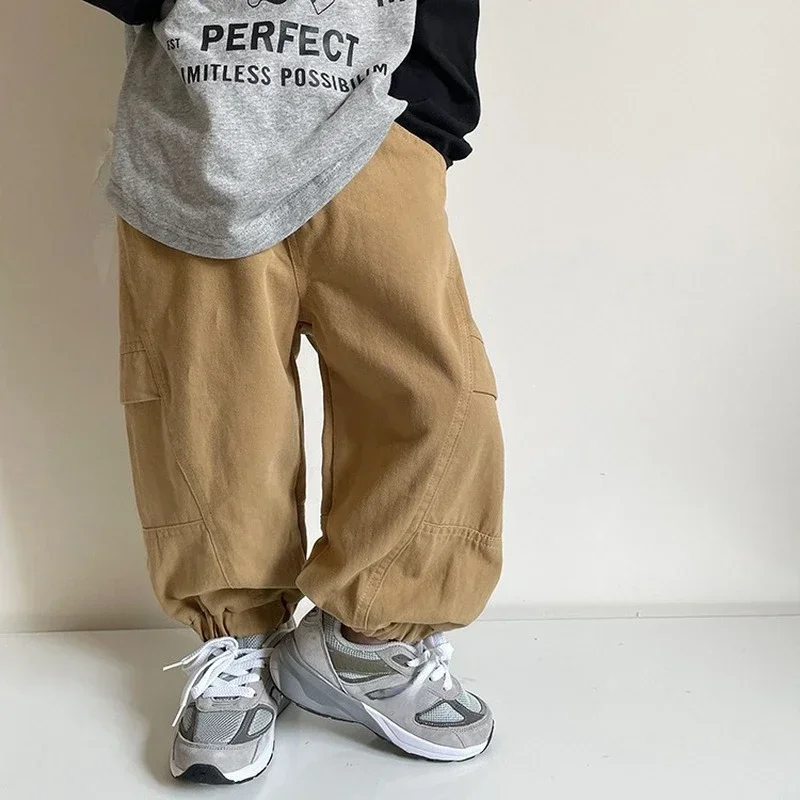 

2024 Spring Kids Pants Korean style handsome patchwork cargo pants Boys cotton loose trousers