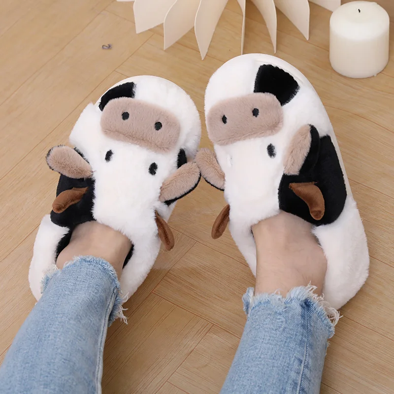 Winter Slippers Cute Women Girls Kawaii Fluffy Warm Plush Slippers Cartoon Milk Cow House Cotton Shoes Funny Casual Shoes