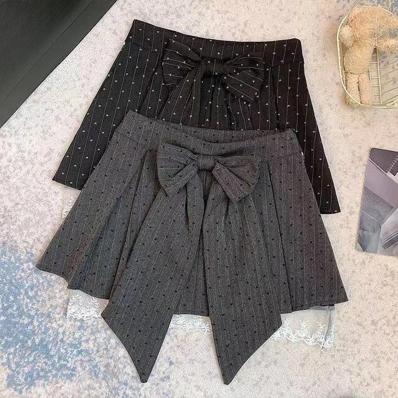 2026 New Gray Pleated Y2k Mini Skirt Women Summer Lace Patchwork Bow Fashion Skirt Lolita Style Striped Dot Print Cutecore Skirt