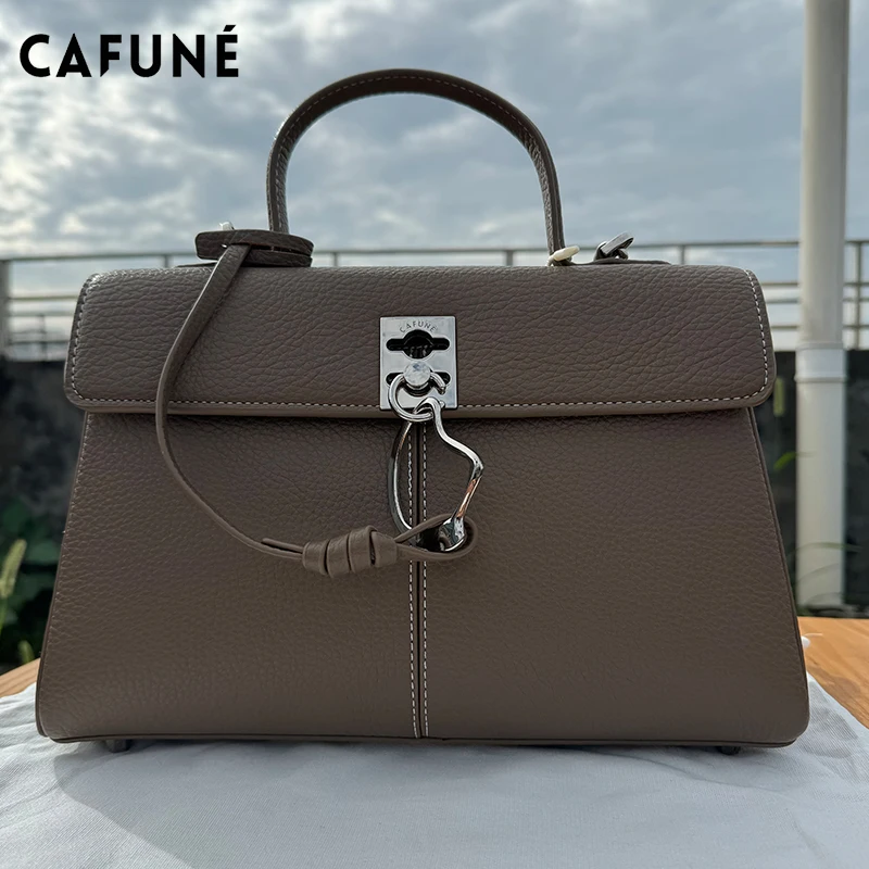 2024 CAFUNE Women\'s Cowhide Vintage Briefcase Stance Wallet Shoulder Crossbody Carry Bag Messenger Handbag Bolsas Femininas