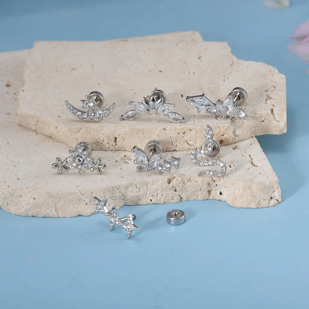 50pcs/lot Stainless Stee Flower Snake Star CZ Cartilage Ear Stud Lip ExThread Piercing Jewelry For Stackable Daily Gift