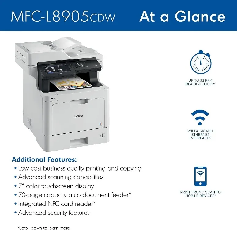 

MFC‐L8905CDW Business Color Laser All‐in‐One Printer, 7” Touchscreen Display, Duplex Print/Scan, Wireless, White