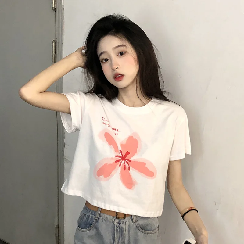 Tシャツ レディース 夏 ハート柄 ルーズ クロップトップス トレンディ レジャー シンプル 韓国風 スイート Футболка Женский 薄手 学生 若い
