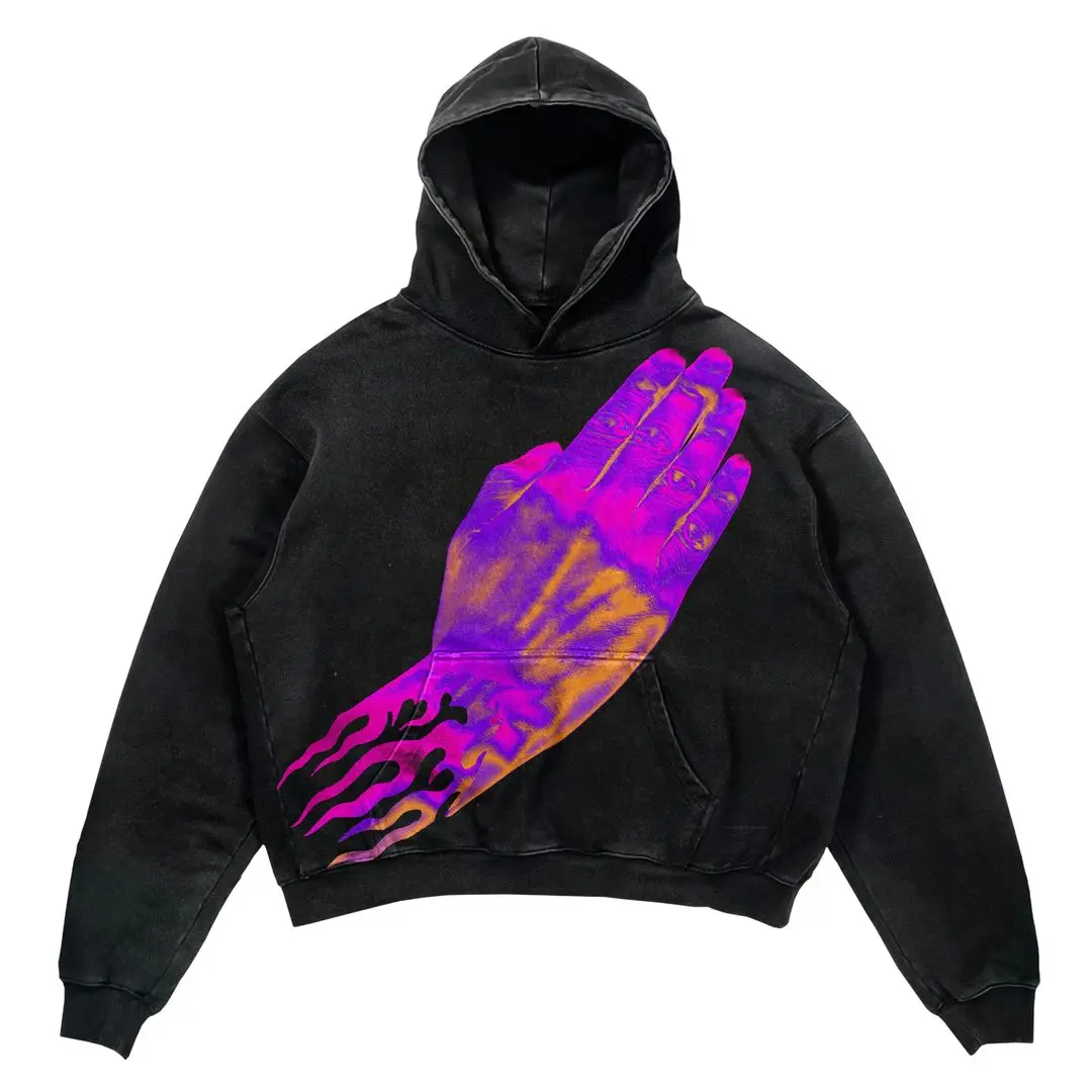 American Hip Hop Colorful Gradient Palm Print Hoodie Spring and Autumn Casual Sweatshirt Y2k Oversized Hoodie Streetwear gothic