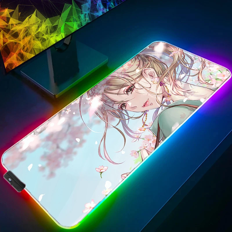 

Kawaii Cherry Blossom Mouse Pad RGB Laptop Sakura Anime Girl Keyboard Rug LED Luminous Mousepad PC Pink Gamer Cabinet Desk Mat