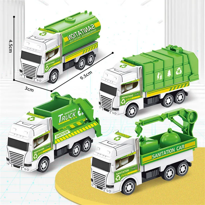 4Pcs Mini Educational Cars Children Pull Back Toy Environmental Sanitation Vehicle Model Simulation Inertia Garbage Truck Gifts