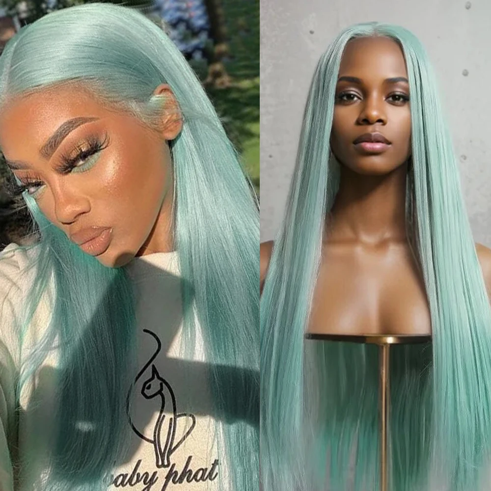 Mint Green Synthetic Hair Long Straight Silk Middle Part Mint Color Lace Front Wig Natural Heat Resistant Fiber Cosplay Hair