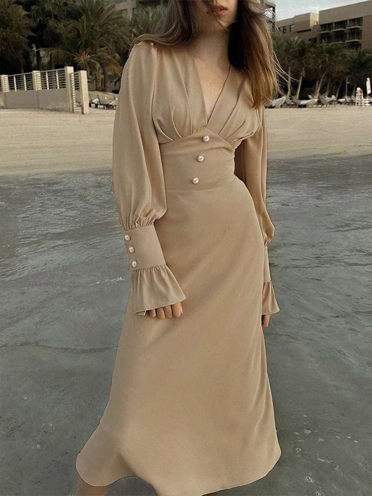 ByeMyLove Ankle length V Neck Women Elegant Dress Lantern Long Sleeve High Waist Slim Fit Chic Pearl Button Dress Women Autumn