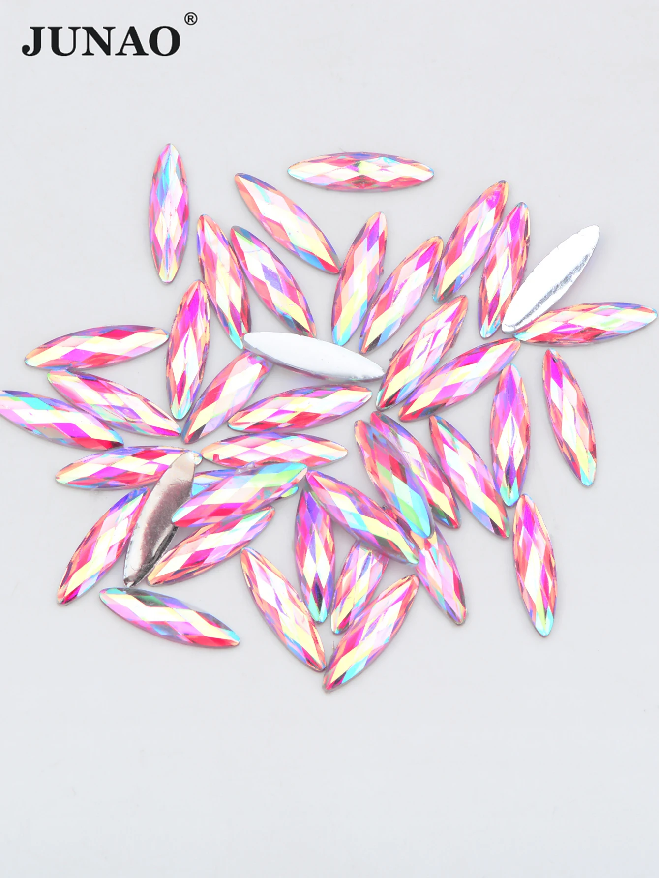 JUNAO 100pcs 4*15mm Pink AB Nail Art Rhinestones Flatback Strass Diamond Horse Eye Resin Crystal Stone Face Nail Decoration