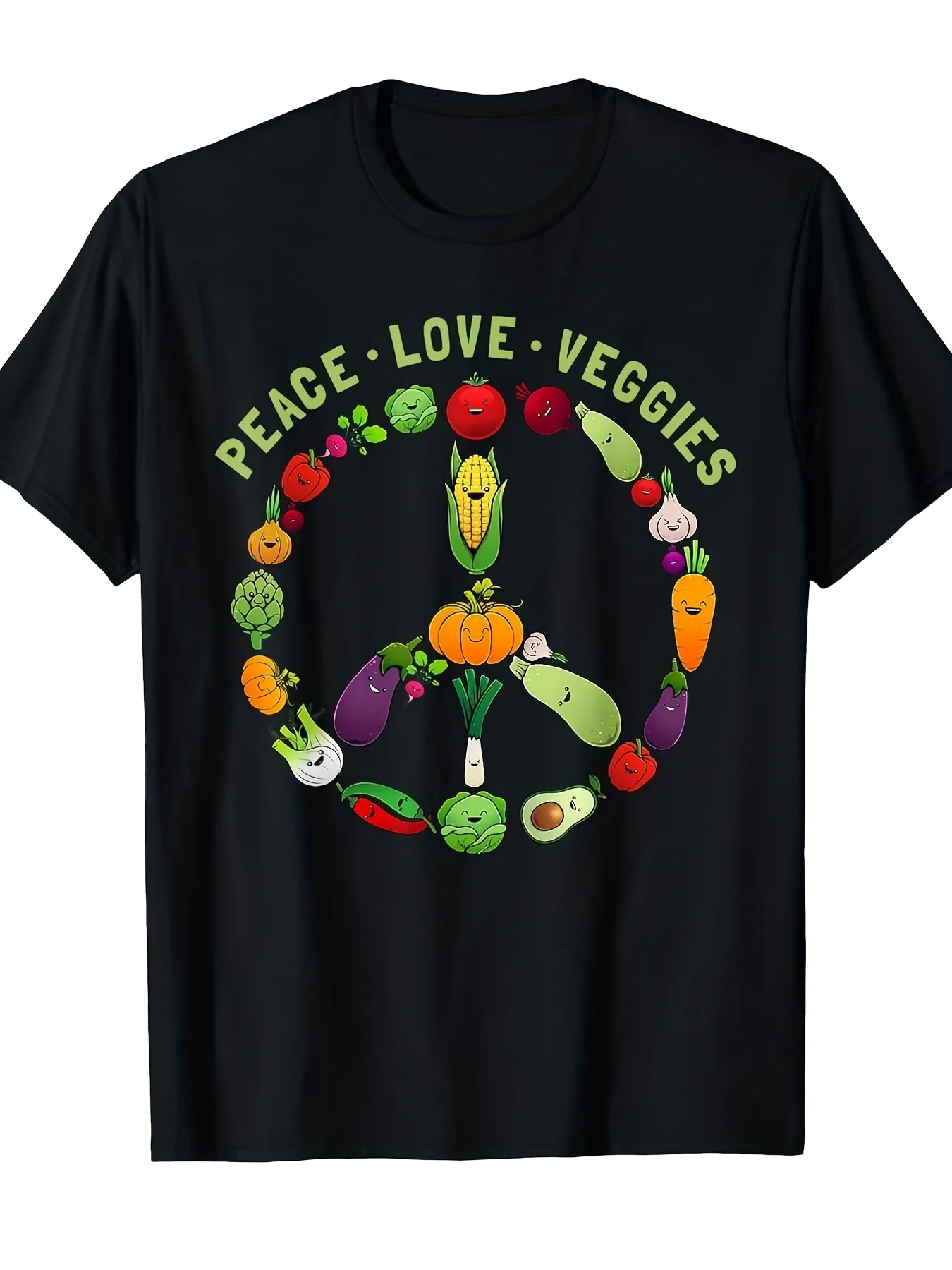 Fun Vegetable Art T-Shirt - T-Shirt with Peace, Love, and Vegetable Designs Featuring Carrots, Cauliflower, and Tomatoes - Vintage Vegetarian Food Design - Breathable Crew Neck Shirt, Unisex, for Casual Everyday Wear - Machine Washable Top