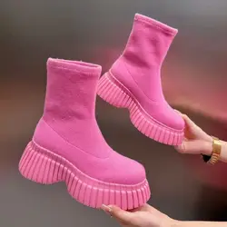 Pink Ladies Elastic Boots New Shoes Slip on Fashion Women Sock with Wedges Shoes Footwear Platform Botines Mujer Ankle Boots