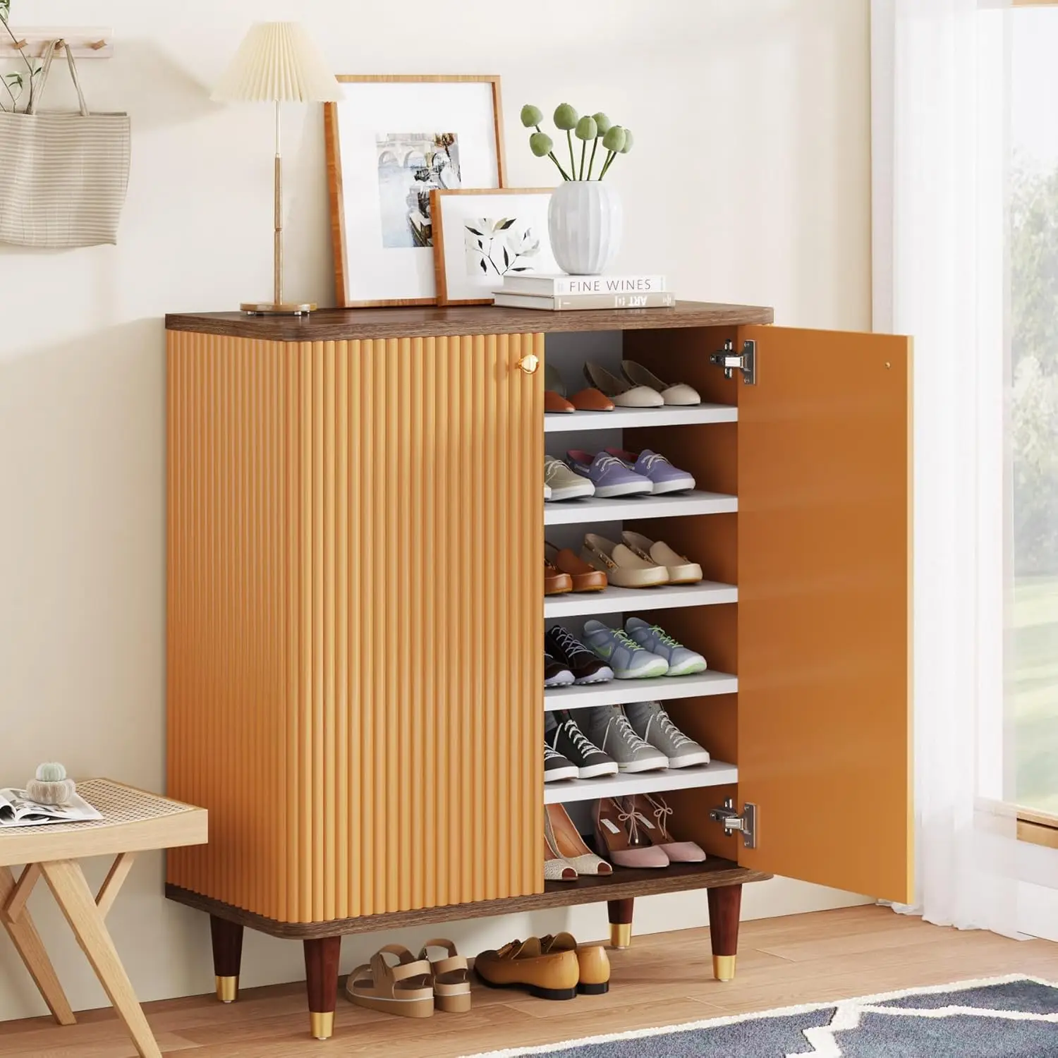 

Wood Shoe Cabinet w/Doors, 24 Pairs Shoe Storage Cabinet w/ Adjustable Shelves, 6-Tier Free Standing Tall Organizer for Entryway