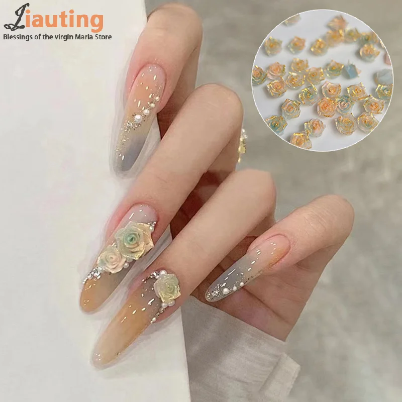 50pcs Rose Design Nail Charm Accessories Mixed Manicure DIY Round Flower Nail Decoration Supplies Romantic Valentines