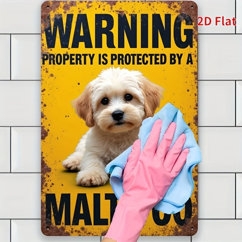 Divertido cartel de advertencia con la imagen de un perro Maltipoo: póster metálico de estilo vintage con un adorable cachorro blanco, una decoración de advertencia de estilo vintage ideal para el hogar.