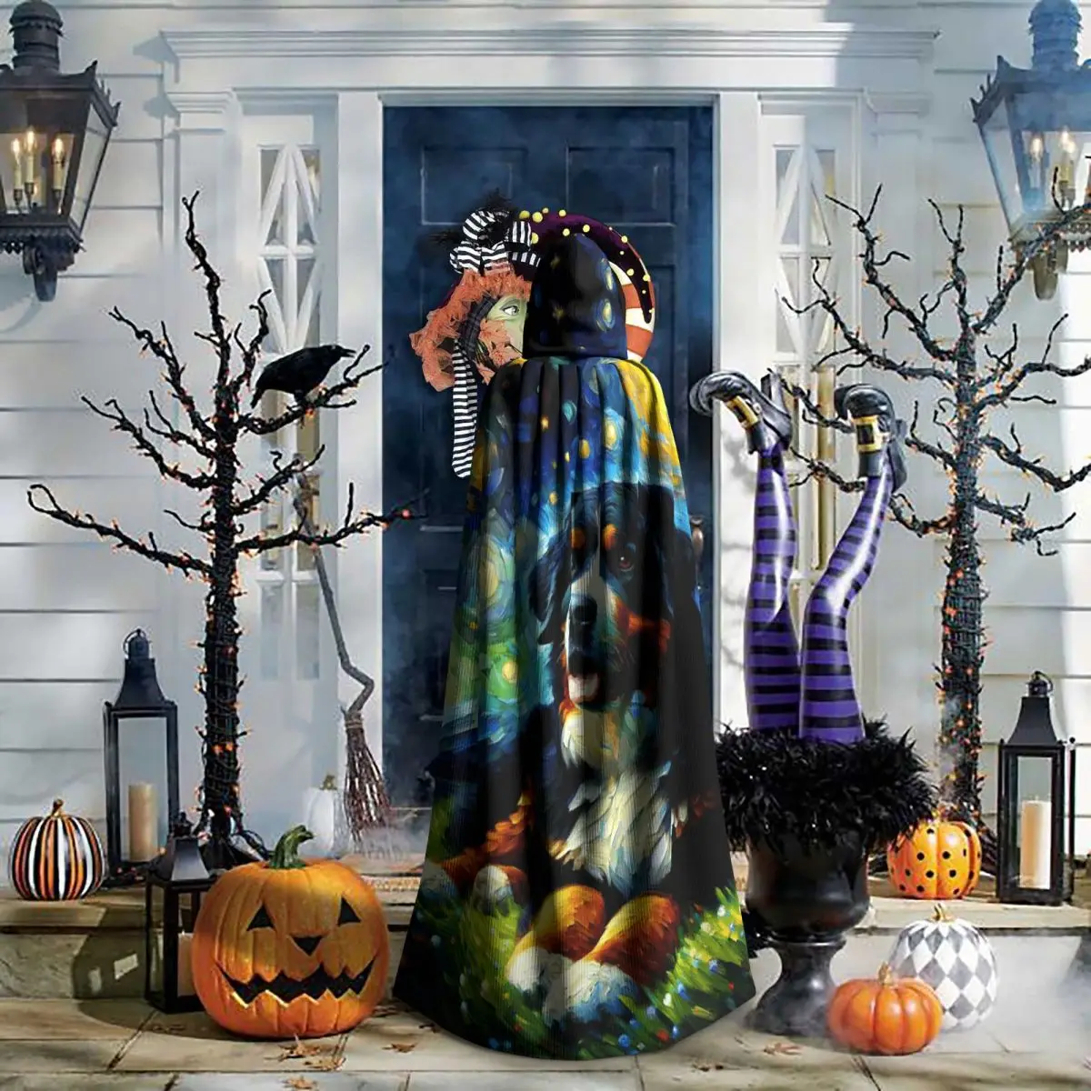 Starry Night Bernese Mountain Dog Van Gogh Lover Long Hooded Cloak Witch Medieval Costume Cosplay Cape HalloweenParty Adult - view 5