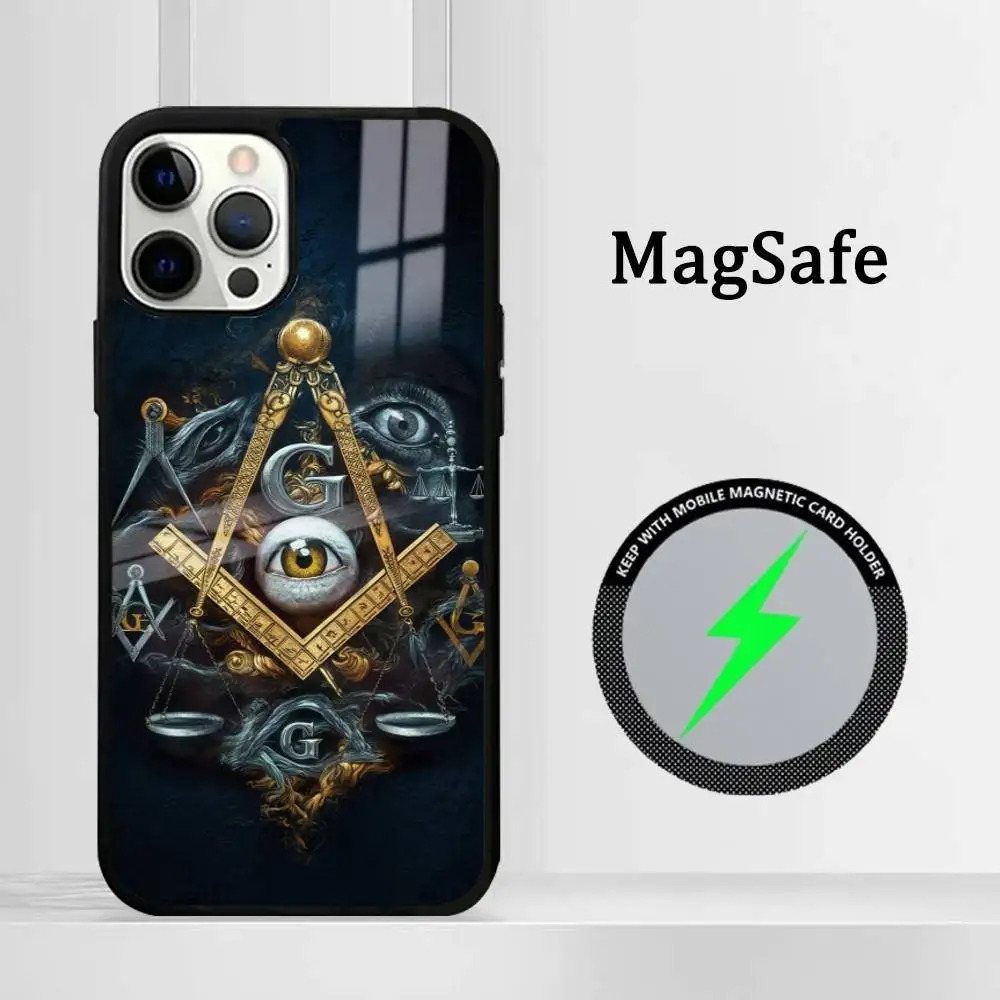 

Freemason Painting Phone Case Magnetic Glass Phone Case For Iphone 16 15 14 12 11 13 Pro Max Mini Puls Cover