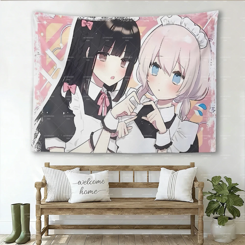 Kitanai Kimi ga Ichiban Kawaii Tapestry, Airi Hinako Maid Girls Pink Wall Hanging Yuri Manga Room Decor