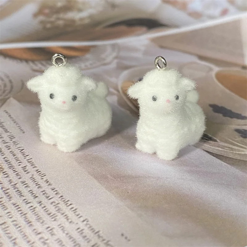 6pcs Flocked White Small Alpaca Resin Charms Kawaii 3D Animal Doll Pendant For Earring Bag Keychains Jewelry Making