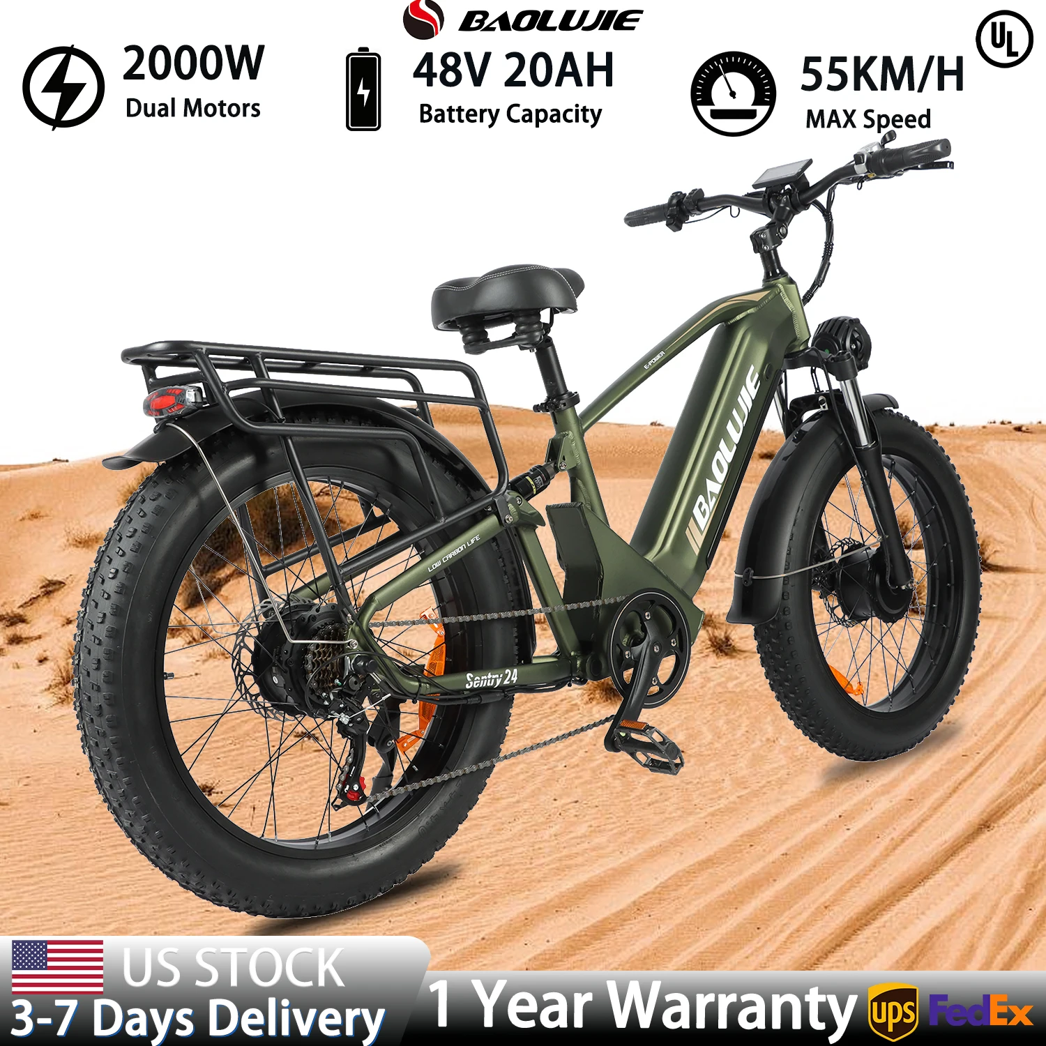 

BAOLUJIE 2401 2000W Dual Motor Bike 48V20AH Electric Bicycle Adult Hydraulic Brake Ebike Off-road Electric Bike【1 Year Warranty】