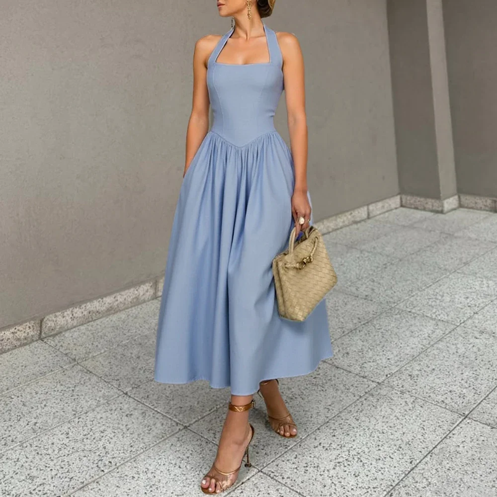 فستان نسائي متوسط الطول باللون الأزرق المريمية: مشد برقبة مربعة وتنورة واسعة على شكل حرف A - قماش منظم للخريف/أنيق رسمي متواضع #5