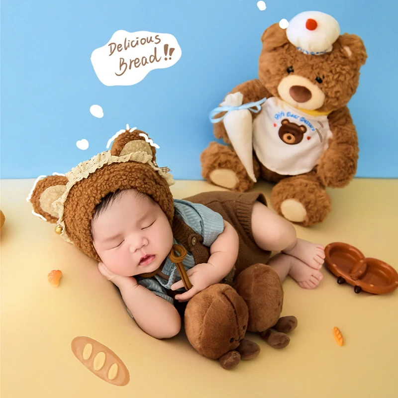 البني والأزرق الطفل بذلة رومبير لينة الدب الأذن قبعة الوليد التصوير الدعائم لطيف الدببة الضخمة لعبة استوديو التقطت الصور ازياء