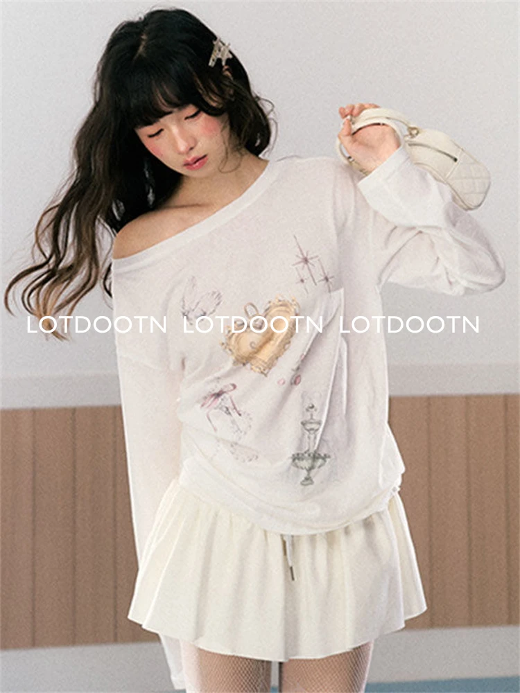 LOTDOOTN Woman Tshirt Y2k Casual White Off Shoulder Tops Thin Slash Neck Long Sleeve Loose Tee Chic Korean Aesthetics Streetwear