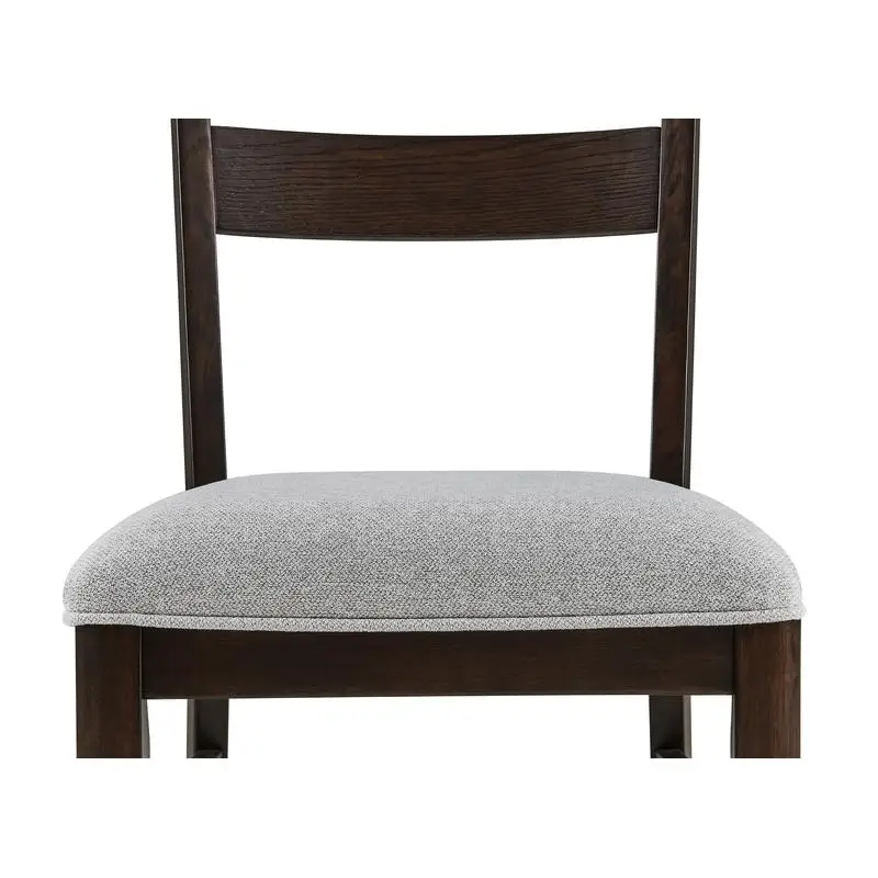 كرسي طعام بلمسة نهائية من خشب البلوط الداكن مع إطار خشبي وأثاث مقعد منجد باللون الرمادي #5