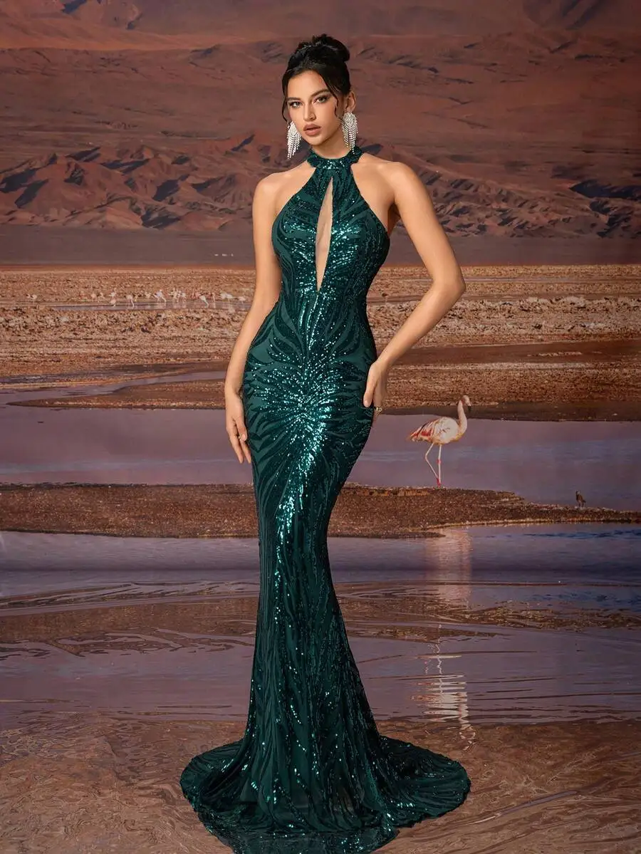 

Emerald Green Sequin Halter Neck Fishtail Evening Dress with Plunge Front