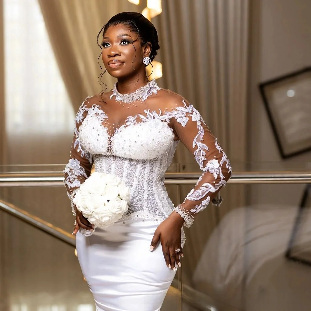 Customized High Neck Sparkly See Through Beads Appliques  Wedding Dress Robe De Mariée Full Sleeves Satin African Bridal Gown