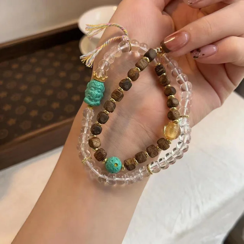 

Хайнань Зеленый Цинан Шестисторонний двойной круг с белым браслетом из бусин с большим кишечником из буддийских бусин