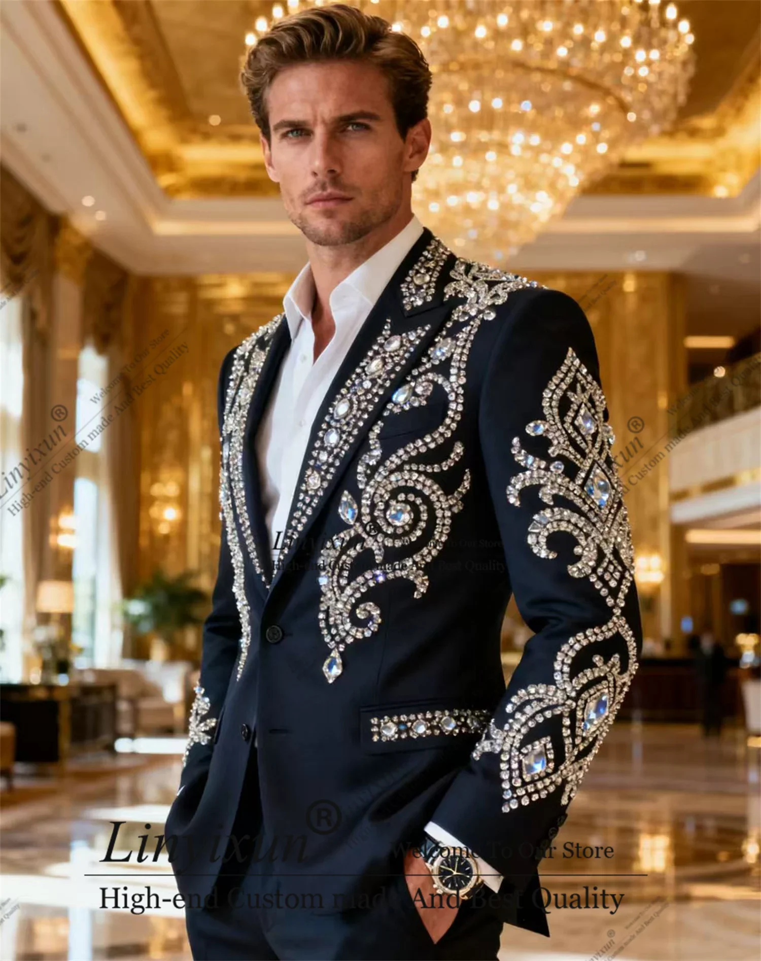 

Уникальные блестящие металлические украшенные мужские костюмы с остроконечными лацканами, смокинги для жениха, комплект из 2 предметов, пиджак для выпускного вечера с бисером, индивидуальный Ropa Hombre