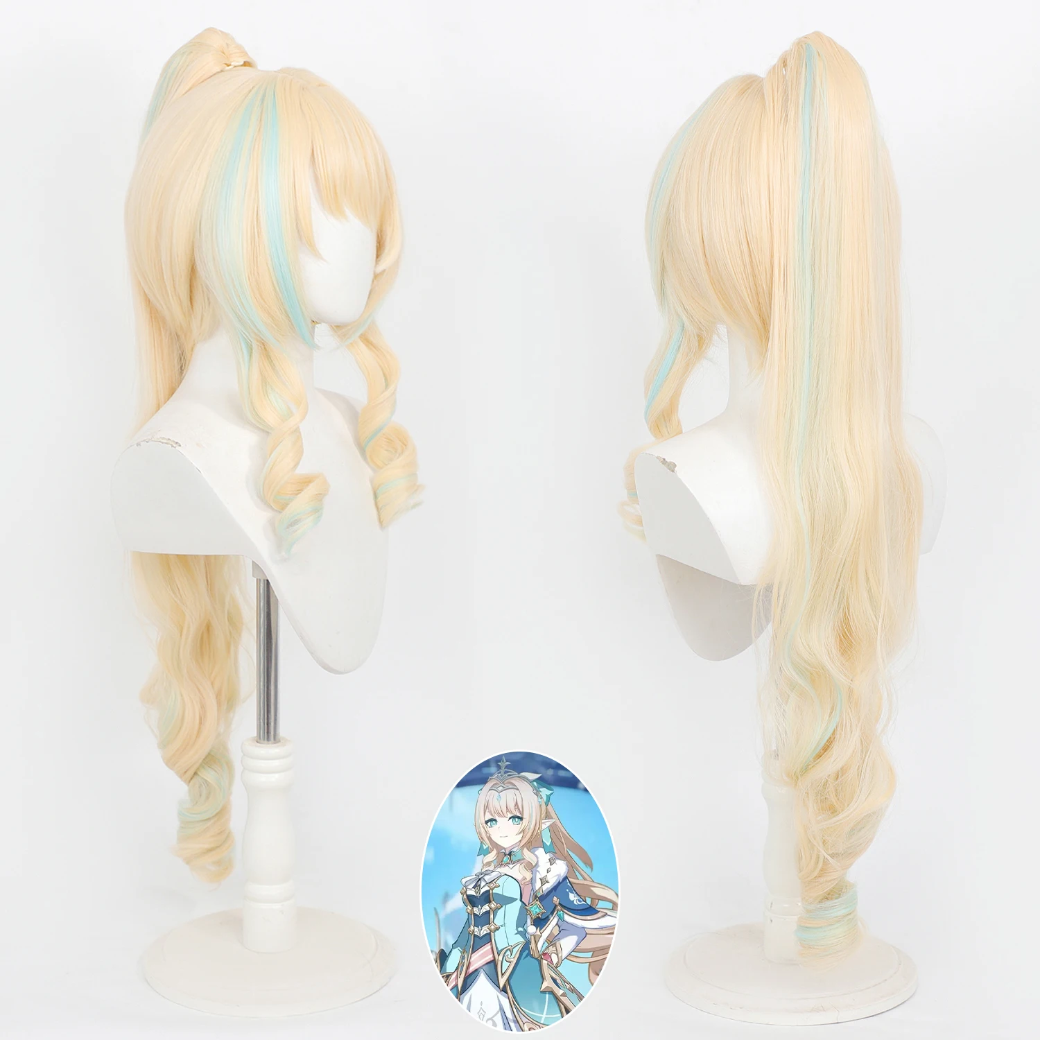 Genshin Impact Varesa Cos Wig Detachable High Ponytail Blonde Cyan Highlights Long Curly Scalp Top Heat Resistant Anime with Wig