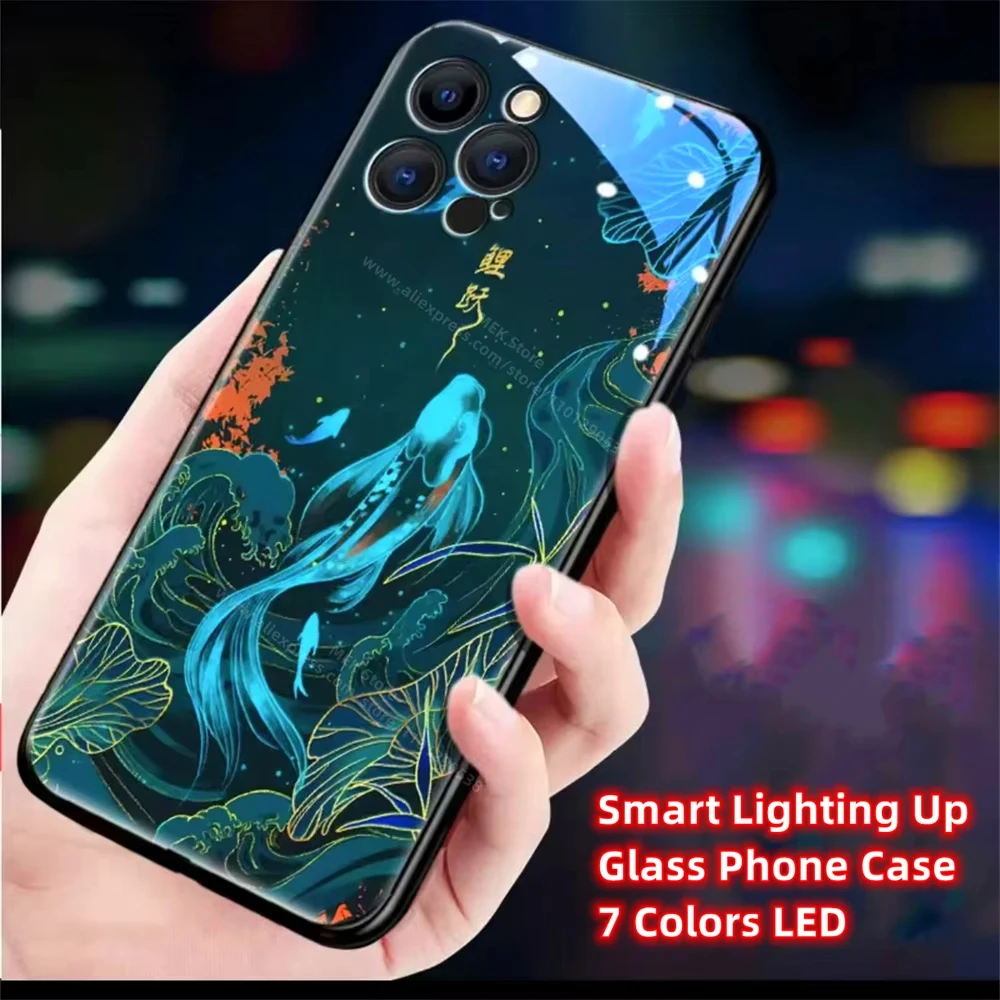 Carp Swimming Pattern Sound Control LED Flash Cases Luminous Cover For iPhone 16 15 14 13 12 11 Pro Max X XS XR Plus SE2020