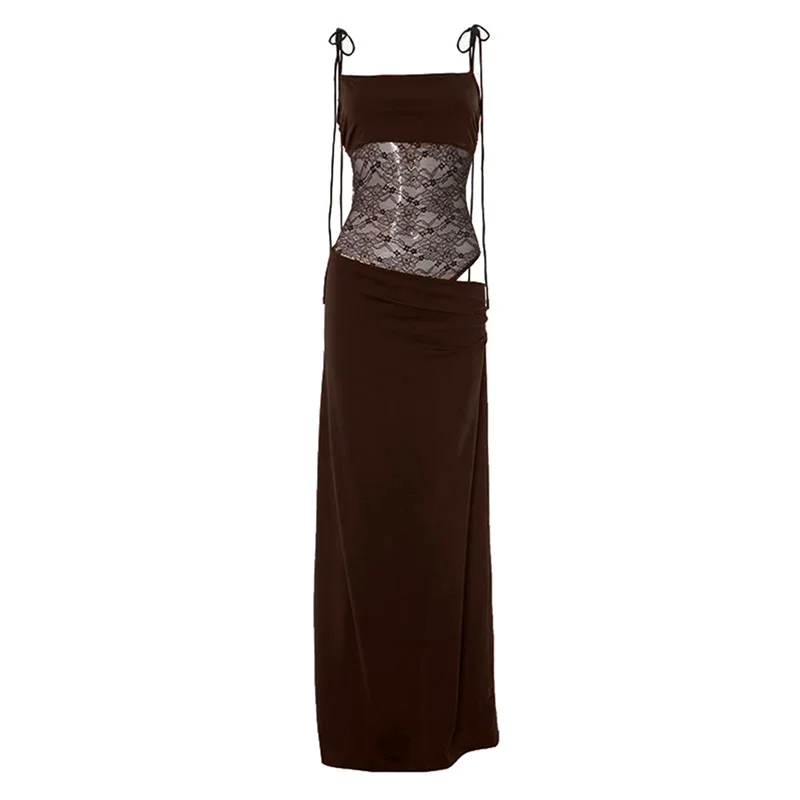 A83F-Women's Lace Splicing Cutout Maxi Dress Square Neck Sleeveless Bodycon Long Dress With Sheer Corset