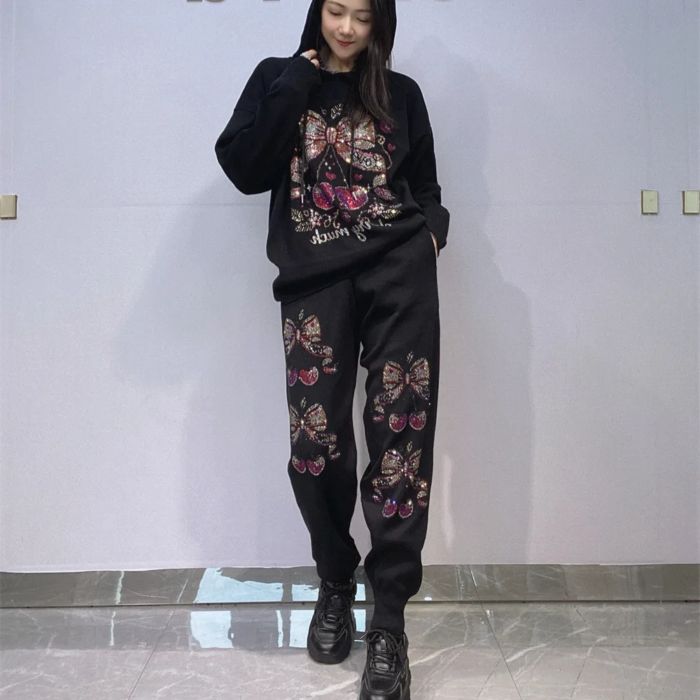 

Женский вязаный пуловер с вишневым бантом и бриллиантами, расшитый бисером, свитер с капюшоном, толстовки с блестками, спортивная одежда, топы + брюки с эластичной резинкой на талии, комплект из 2 предметов