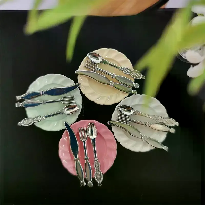 1 Set Dollhouse Kitchen Accessories Miniature Knife Fork Spoon Tableware Plate Kit Kid Toy Simulation Food And Play Scene Model
