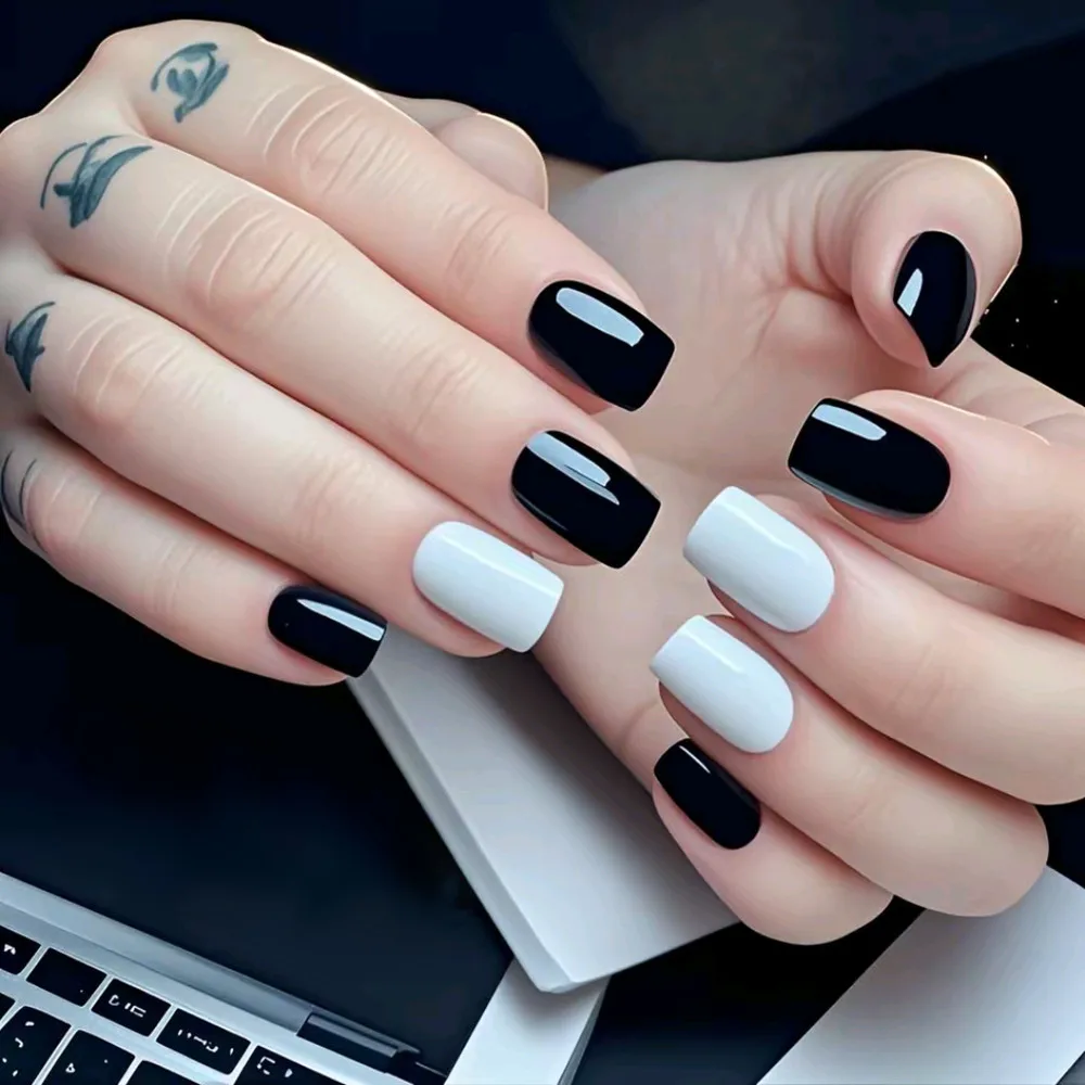 

48Pcs Glossy Black Long Square Fake Nails Artificial Press On False Nails DIY Full Cover Tips Lady Finger Manicure Tool