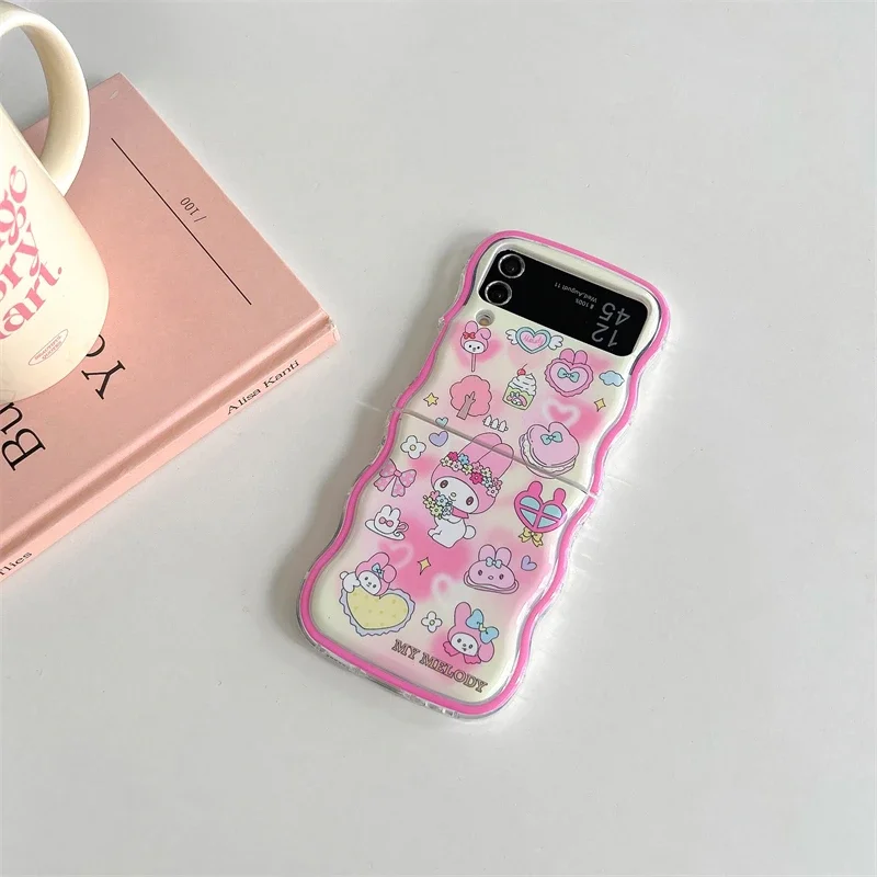 Cute Cartoon Sanrio Kuromi Melody Wave Frame Phone Case For Samsung Galaxy Z Flip 6 5 Soft TPU Cover For Z Flip 3 4 With Lanyard