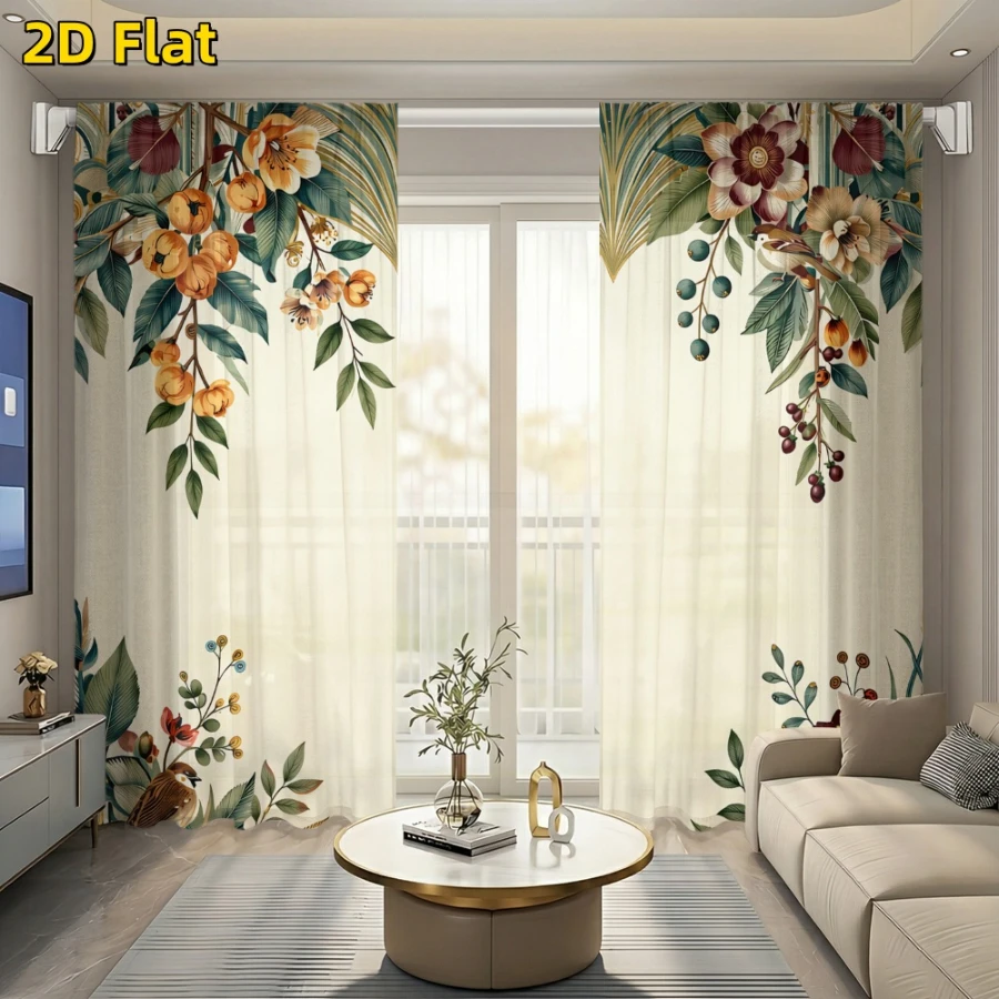 2PCS Digital Print Sheer Curtain, Flower Leaf Berry Fruit Botanical Nature Window Drapes for Living Room Bedroom Home Decor