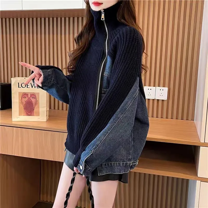 

2025 autumn winter women's Denim Spliced Knitted cardigan coat loose outerwear turtleneck zip-up casual top lady sweater jackets